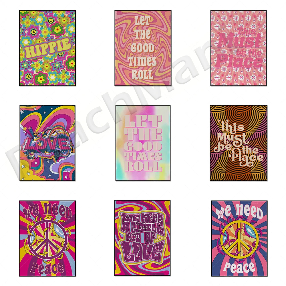 70s floral pattern printing, 70s style posters, inspirational posters, gradient psychedelic posters, typography art, hippie deco