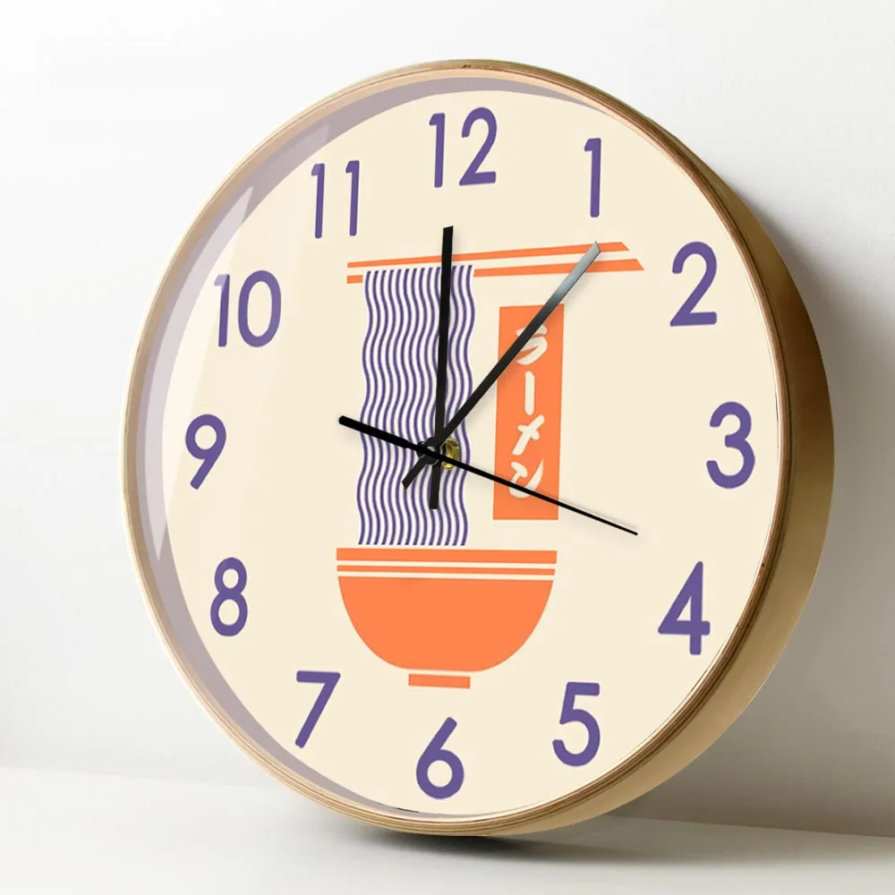 Ramen Noodle Bowl Chopsticks Wooden Frame Wall Clock For Kitchen Dinning Room Resturant Japanese Food Artwork Silent Sweep Clock