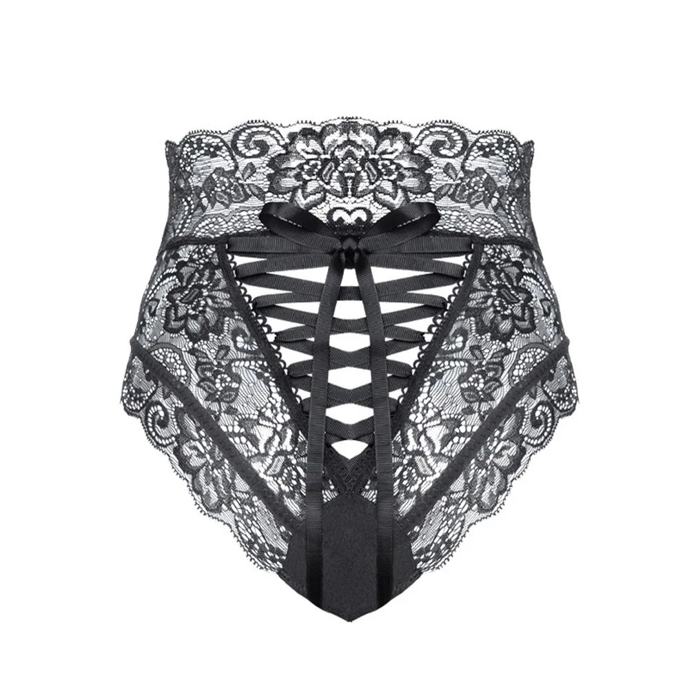 Sexy G String High Waist Lace Underwear Women Cross Lace Panties Women S-3XL Tangas Lingerie Majtki Damskie Black