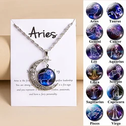 Vintage 12 Zodiac Sign Moon Pendant Necklaces Galaxy Star Glass Necklace For Women Girls Gifts