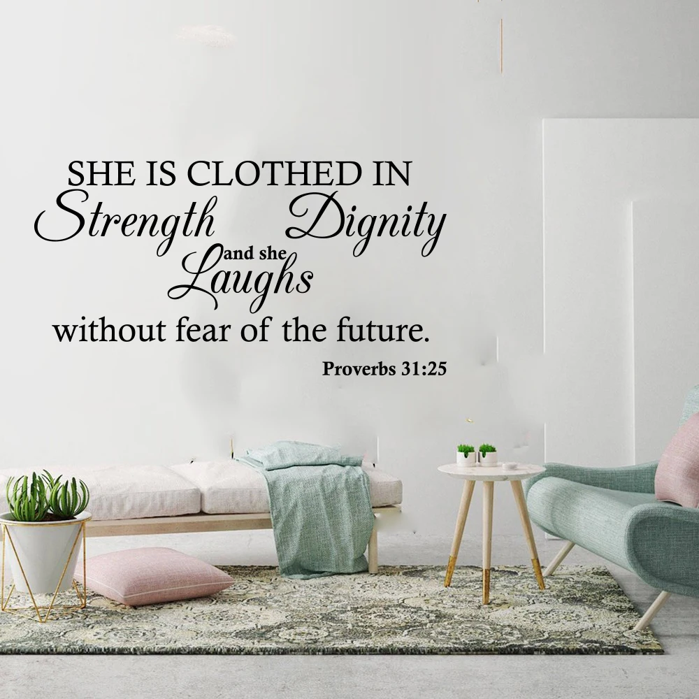 Christian Bible Verse Proverbs 31:25 Wall Decal She Is Clothed In Strength and Dignity Laugh Future Inspired Quote Wall Sticker