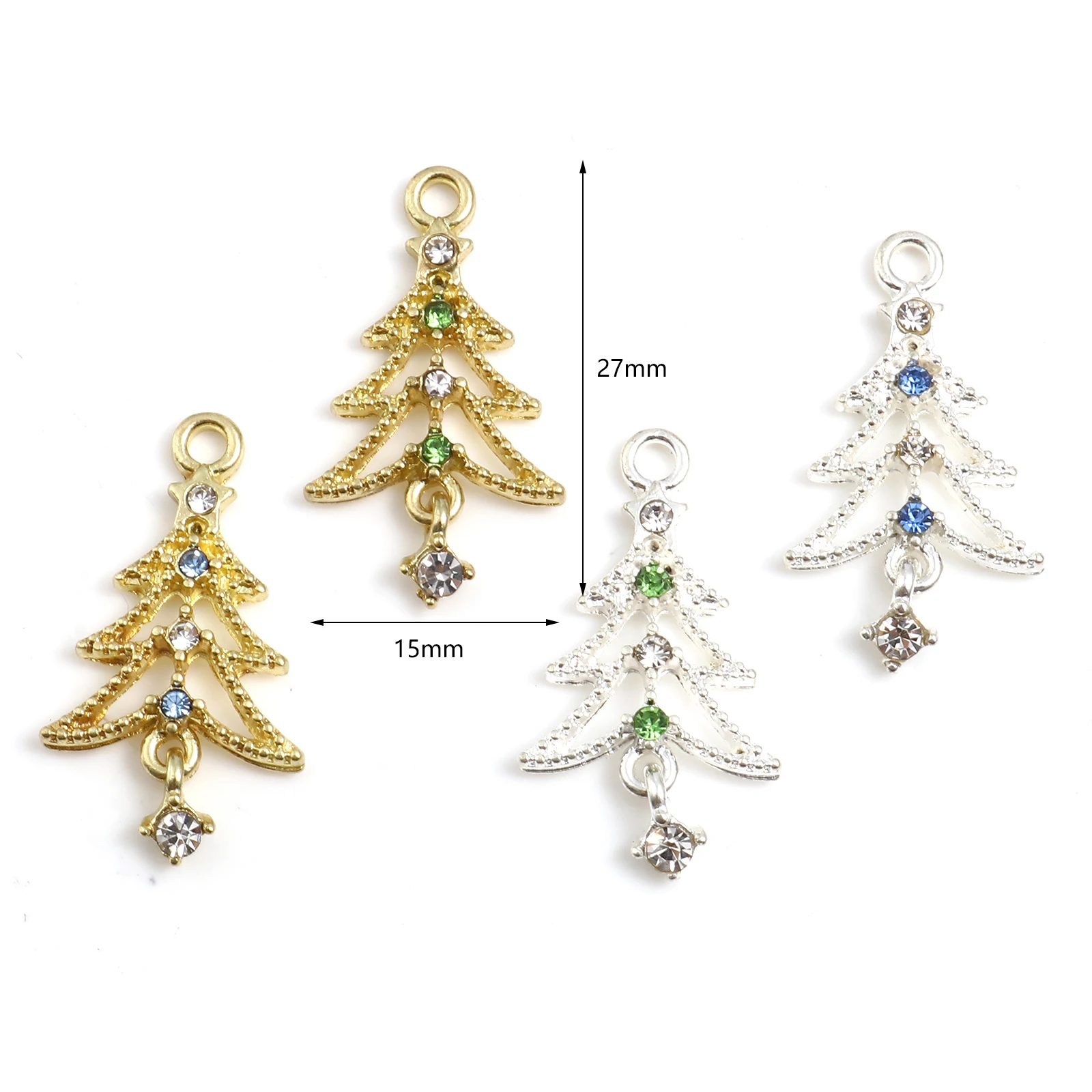 10pcs New Fashion Christmas Tree Charms Multicolor Rhinestone Pendants DIY Making Necklace Earrings Jewelry Findings 27mmx15mm