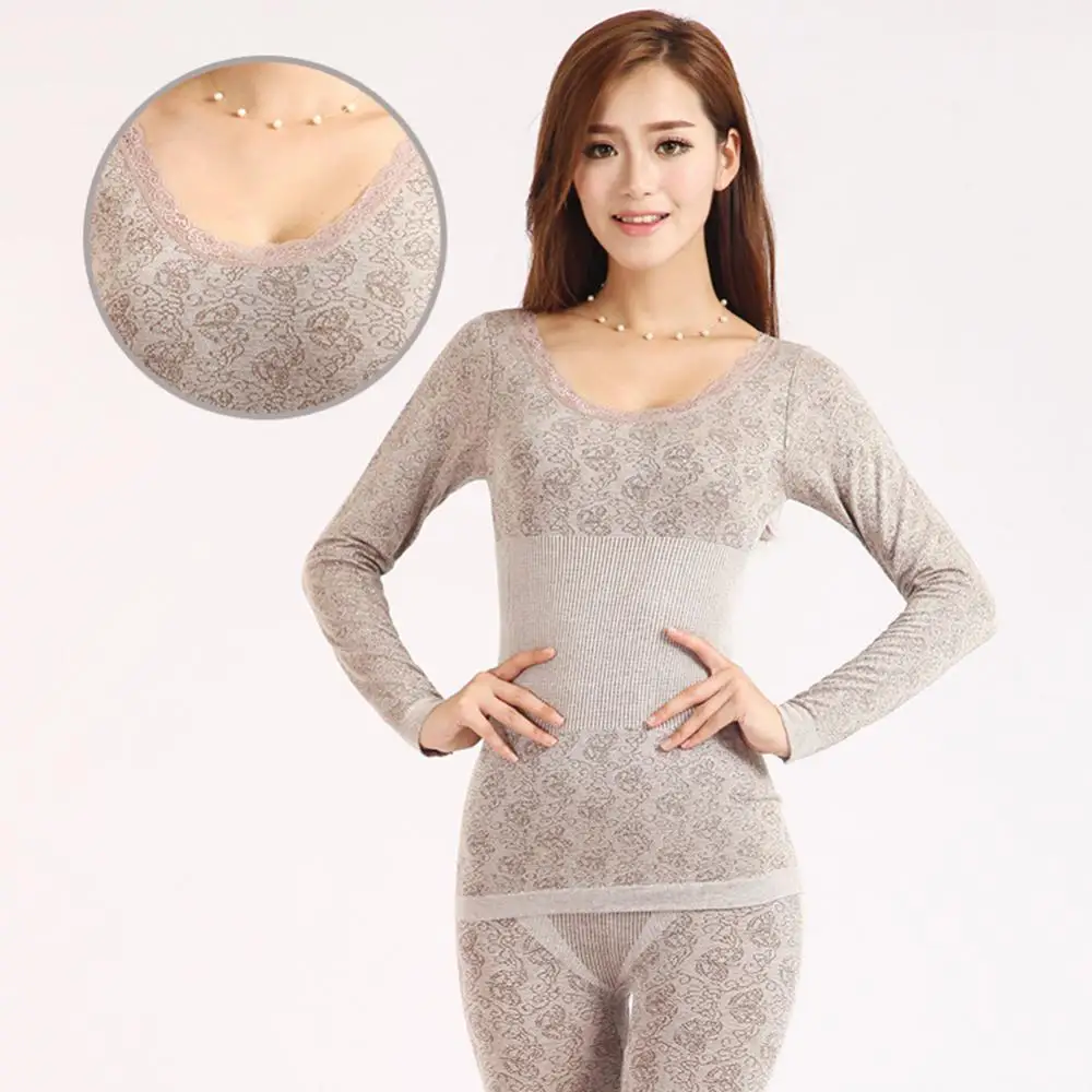 Hot！Women Winter Thermal Underwear Hand-Wash Keep Warm High Elasticity Slim  O-Neck Top Long Johns Pajama Set