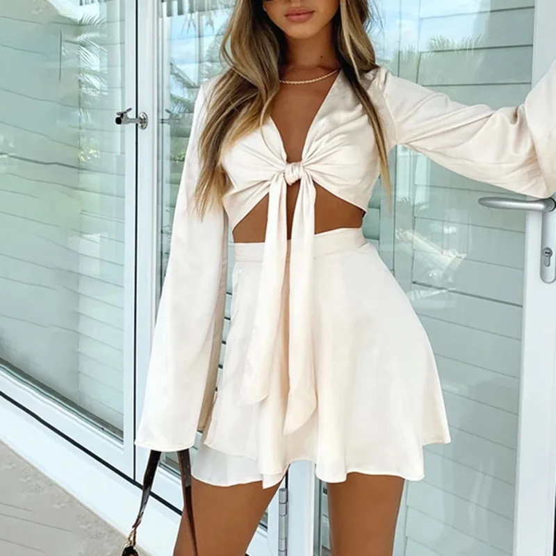 SKMY Sexy Fashion Flare Sleeve 2024 New Style Long Sleeve Tie Front Top A-Line Satin Skirt 2 Piece Sets Womens Outfits Clubwear