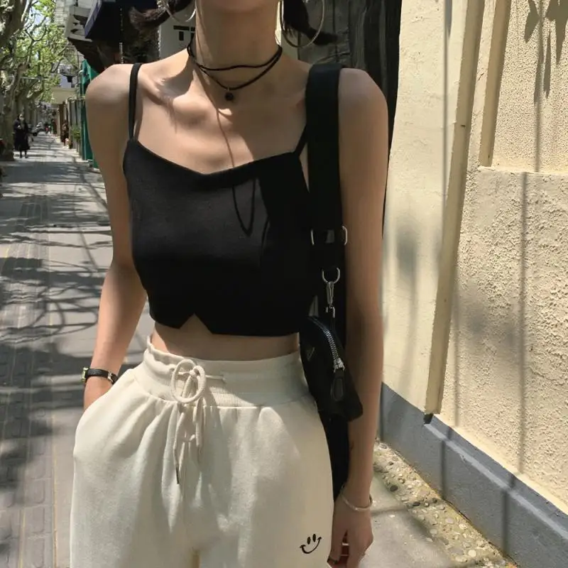 Zip Back V-Neck Crop Tops Women Sleeveless Polyester White Black Slim Fit Vest Seamless Tees 2021 Summer Suspenders