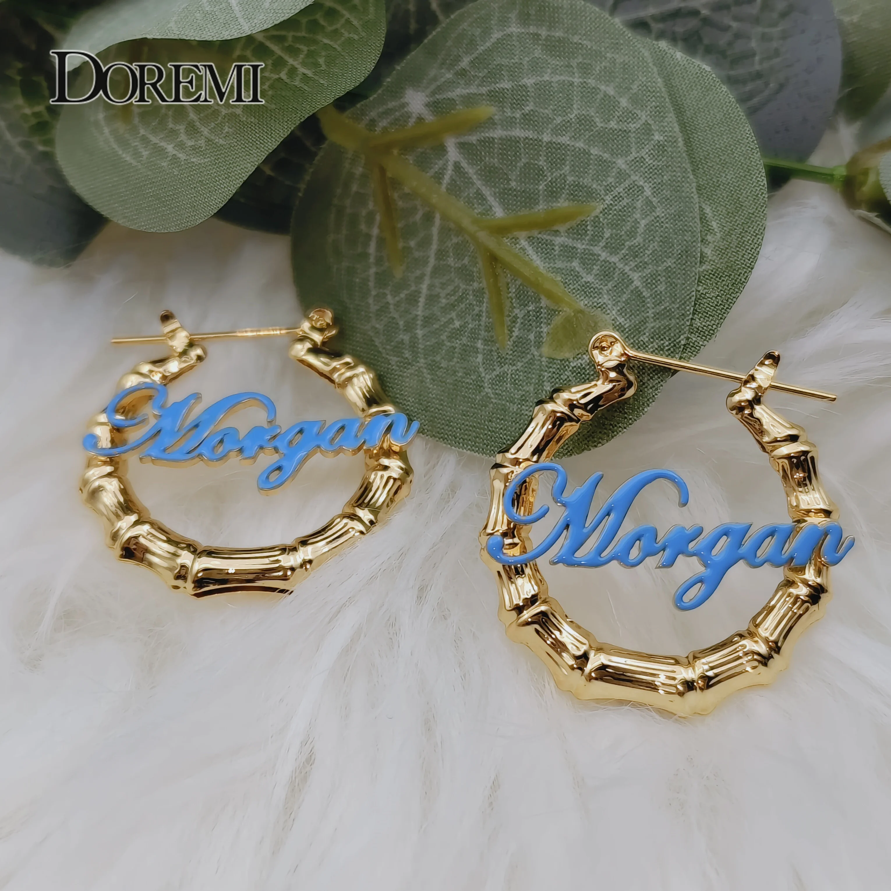 DOREMI Stainless Steel 30-100MM Custom Name Earrings Personalized Enamel Bamboo Big Earrings  Design for Women Hiphop Jewelry