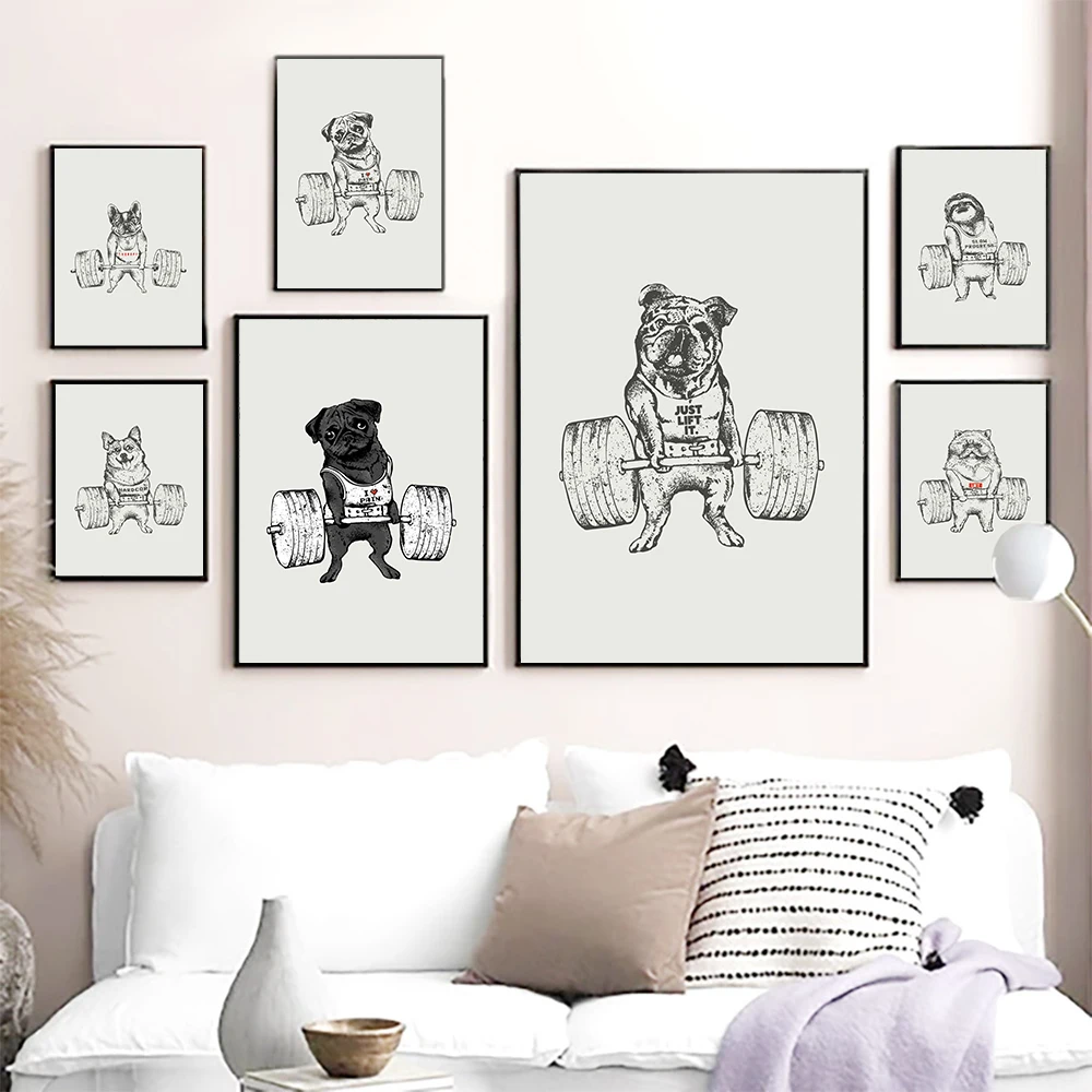 Black White Animal Lift Sports Canvas Painting Pug Bulldog Sloth Cat Do Excercise Poster Gym Wall Art Print Pictures Room Decor