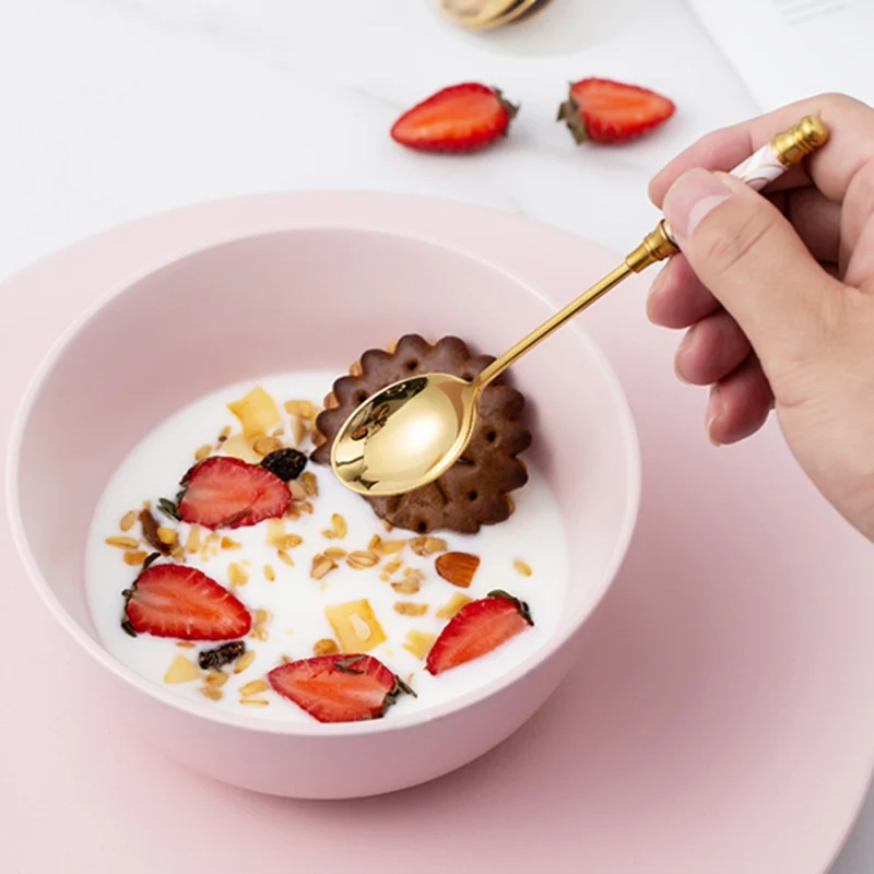 Gold Plating Stainless Steel Teaspoon Coffee Stirring Spoon Flatware Ceramic Long Handle Ice Cream Gold-plated Dessert Spoon