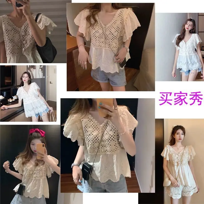 Sweet crocheted V-neck hollow lace shirt women 2023 summer new girl loose thin short-sleeved top