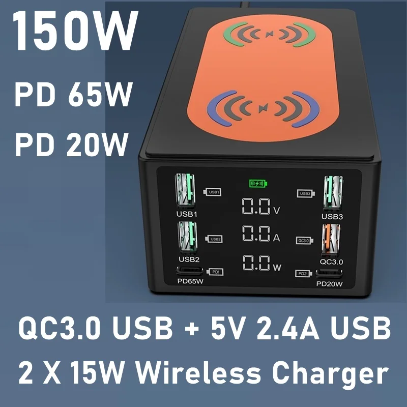 150W Multi USB Wireless Charger for IPhone 11 12 Pro Max PD 65W Charger QC 3.0 Fast Charging Dock Station for Macbook Air Pro