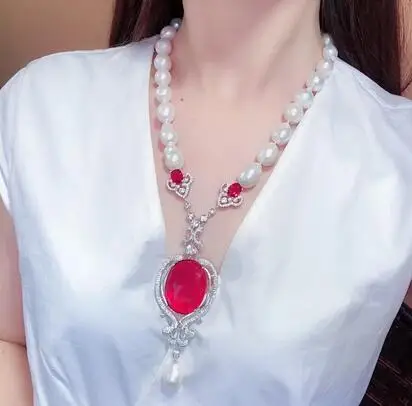 Hand knotted natural white freshwater pearl red zircon micro inlay zircon accessories necklace fashion jewelry