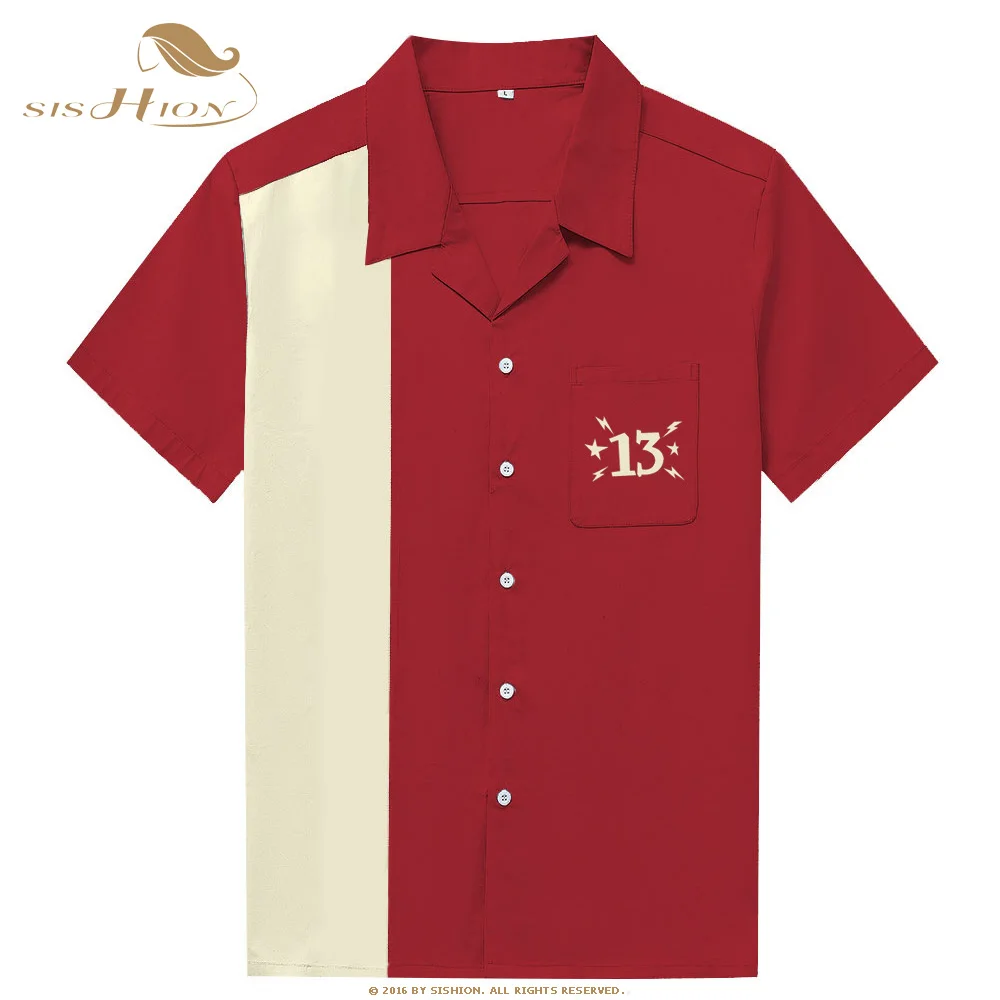 

SISHION 2019 Men Casual Shirt ST126 Number 13 Embroidery Short Sleeve Wine Red Vintage Pocket Button-Down Shirts