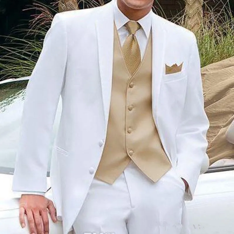 

White and Gold Wedding Tuxedos for Men Stage Clothes Latest Blazer 3 Piece Notched Lapel Custom Man Suits Jacket Pants Gold Vest