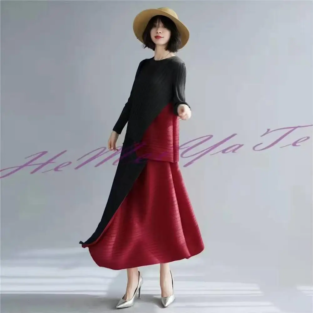 

HOT SELLING The new fold long sleeve loose o-neck T-shirt + pleated skirt irregular patchwork two-piece outfit IN STOCK