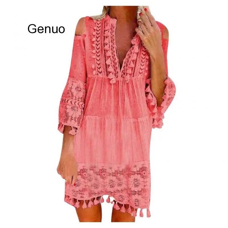 

Casual Bohemian Large Size V-Neck Fashion Solid Color Lace Tassel Short Dress Cocktail Beach Evening Dress Robe Grande Taille