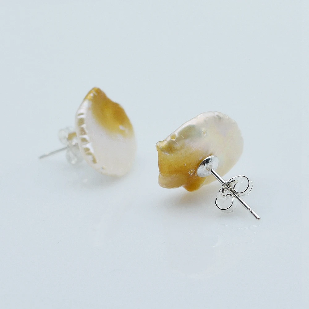 Women\'s stud earrings flat natural freshwater pearl 925 sterling silver stud earrings unique gold mottled baroque stud earrings