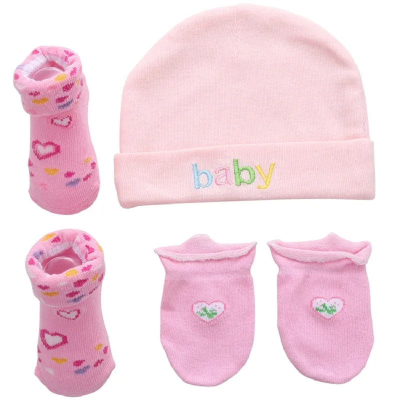 Cotton Newborn Hat Letters Striped Socks Hat And Mitten Set Baby Hats