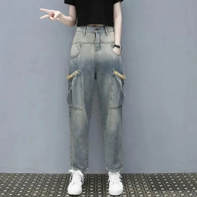 

Gradient Color Big Pocket Jeans Women High Waist Loose Streetwear Denim Harem Pants collapse Trousers s1785