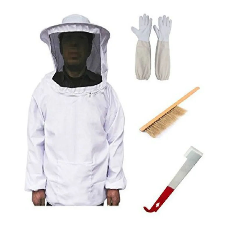 

4PCS Bee Suit Hat J Type Wiper Bee Brush Bristle Bee Sweep Sheepskin Glove Beekeeping Tools