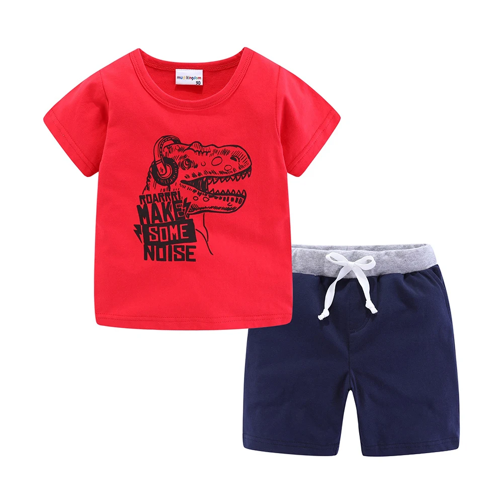 Mudkingdom Summer Boys Dinosaur Outfits Children Cartoon Clothes Kids Short Sleeve T-Shirt and Drawstring Shorts Clothing Suit