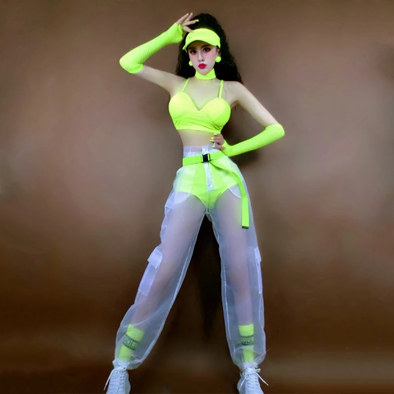 Hip Hop Dance Clothes For Women Green Pink Bikini Perspective Pants Jazz Dance Dj Ds Nightclub Bar Gogo Dance Costume DNV15376