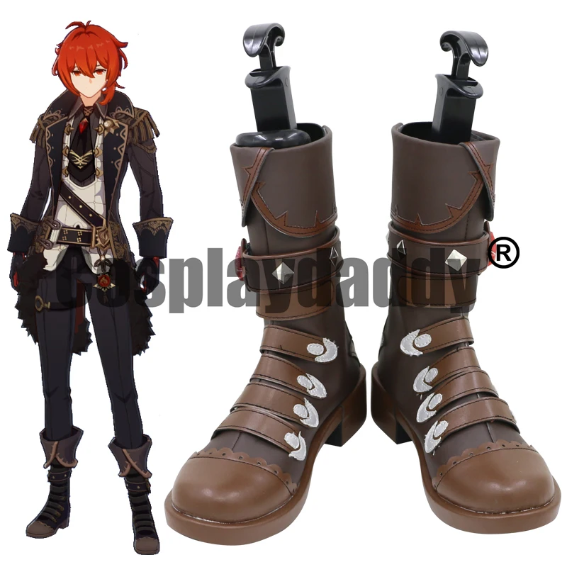 

Genshin Impact Mondstadt The Dark Side of Dawn Winery Pyro Diluc Ragnvindr Cosplay Brown Shoes Strap Boots C006