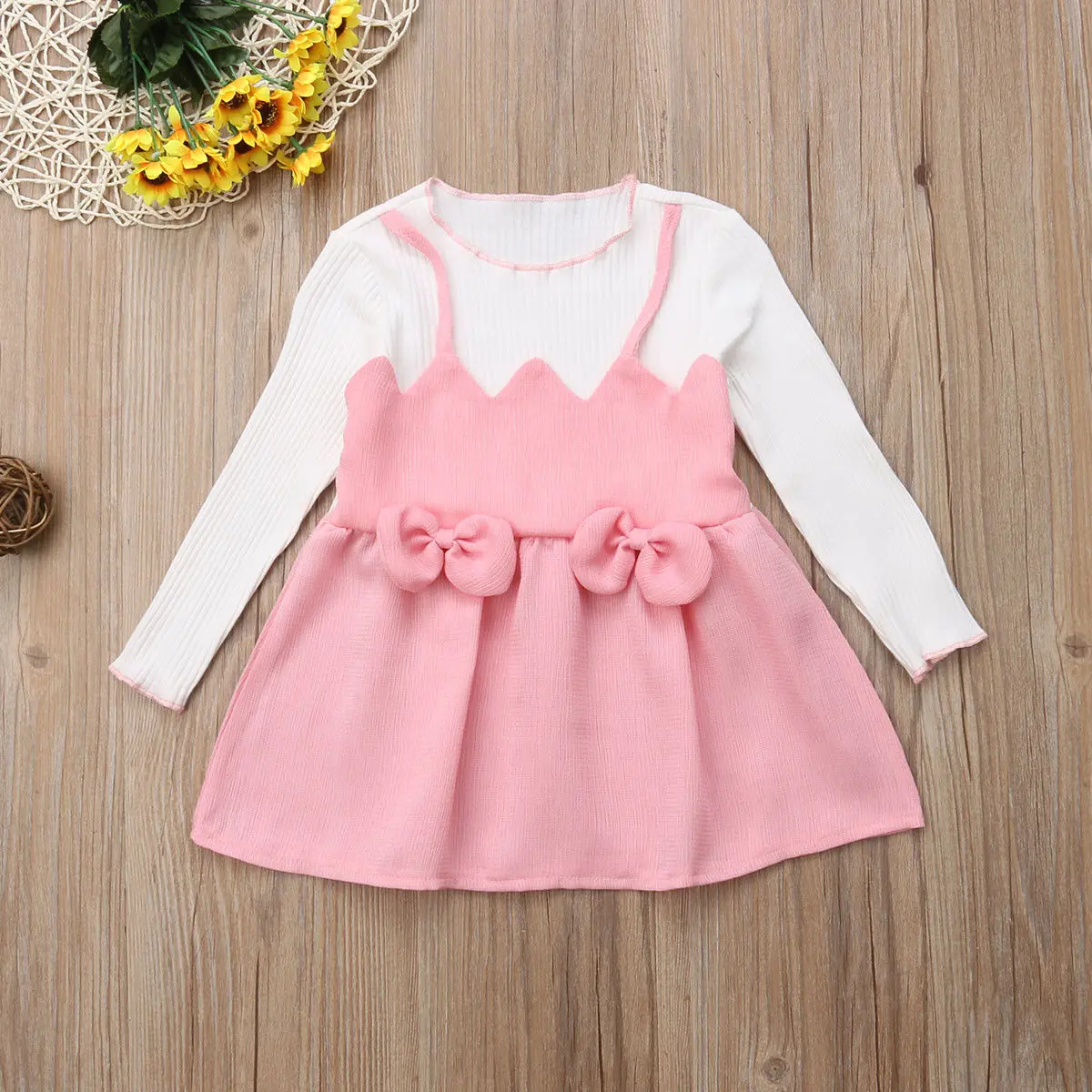 Newborn Toddler Kids Baby Girls Dress Pink Patchwork Princess Bow-Knot Party Dresses For Girls Long Sleeve Autumn Outfits 0-3T