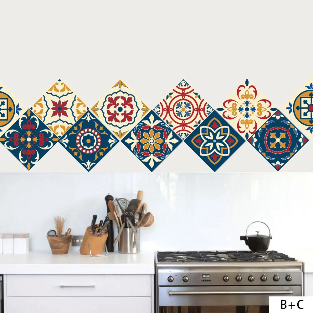 European retro colorful blue tile stickers kitchen DIY splicing creative stickers waterproof moisture-proof PVC wallpaper