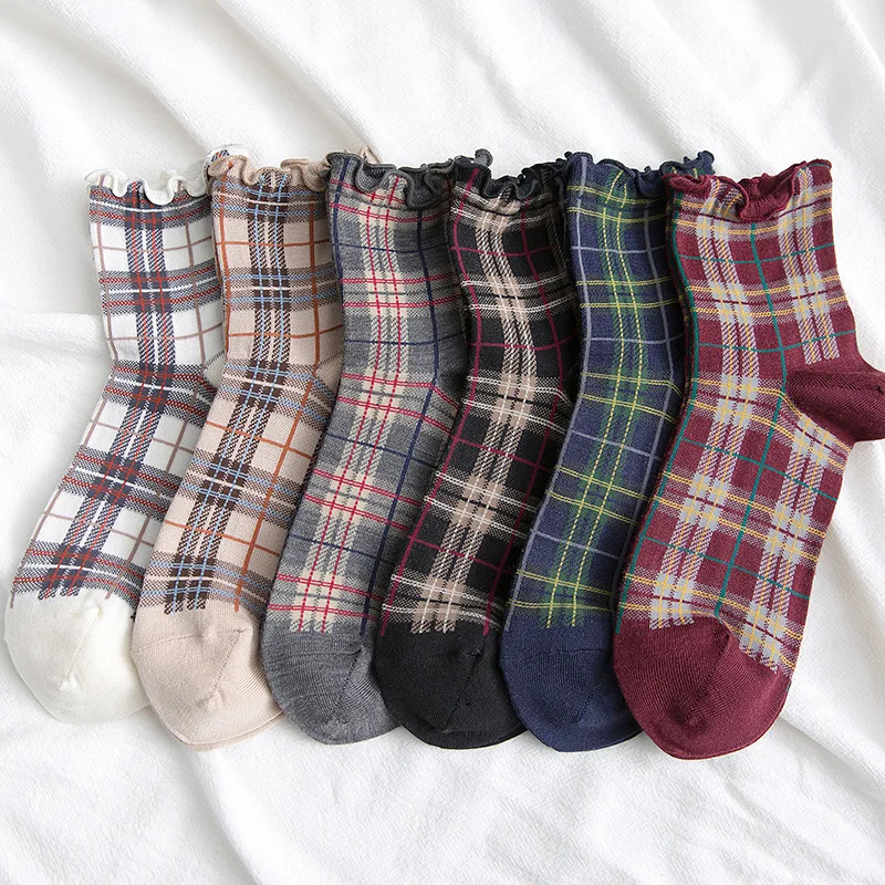 3 Pairs/lot Summer Short Socks Women Stringy Selvedge Girls Student Style Retro Ladylike Style JP Cotton Young Lady Plaid Ruffle