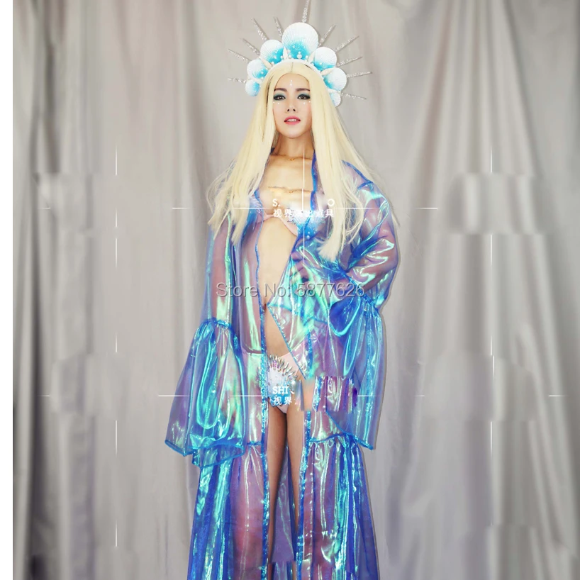 

Одежда будущего, костюмы для бара для девочек, летняя вечеринка, морской сексуальный синий прозрачный костюм океана для сценического шоу