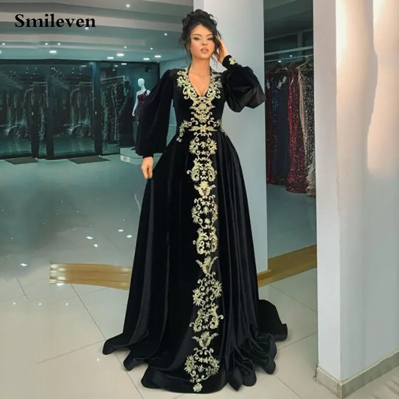 Smileven Black V Neck A Line Caftan Evening Dresses With Detachable Puff Sleeve Prom Dress Lace Formal Party Dress