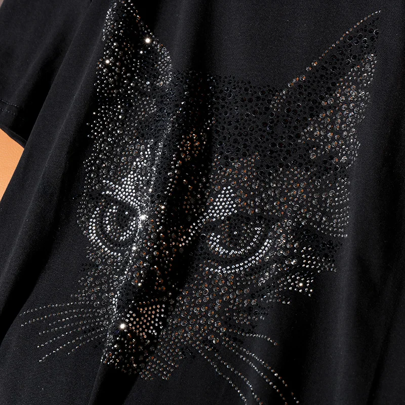 Summer 2021 new Fashion Loose short-sleeve T-shirt for women casual personality cat Pattern Hot diamonds Round neck female tops