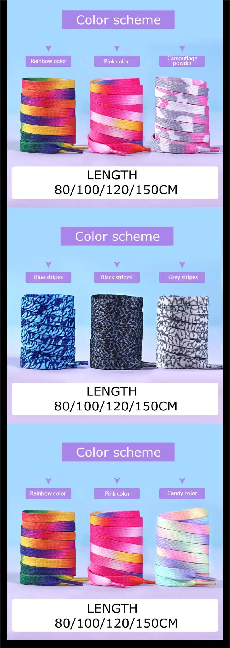 Flache Schnürsenkel, Regenbogenfarben, für Freizeit- und Canvas-Schuhe, bunte Schnürsenkel mit Farbverlauf, passend für alle, Unisex, neu, 1 Paar. – Detail 6