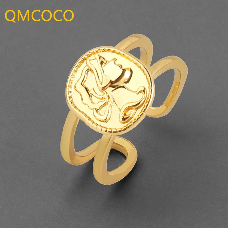 QMCOCO Silver Color Round Portrait Simple Hollow Geometry Ring Woman Trendy Handmade Open Adjustable  Fashion Jewelry