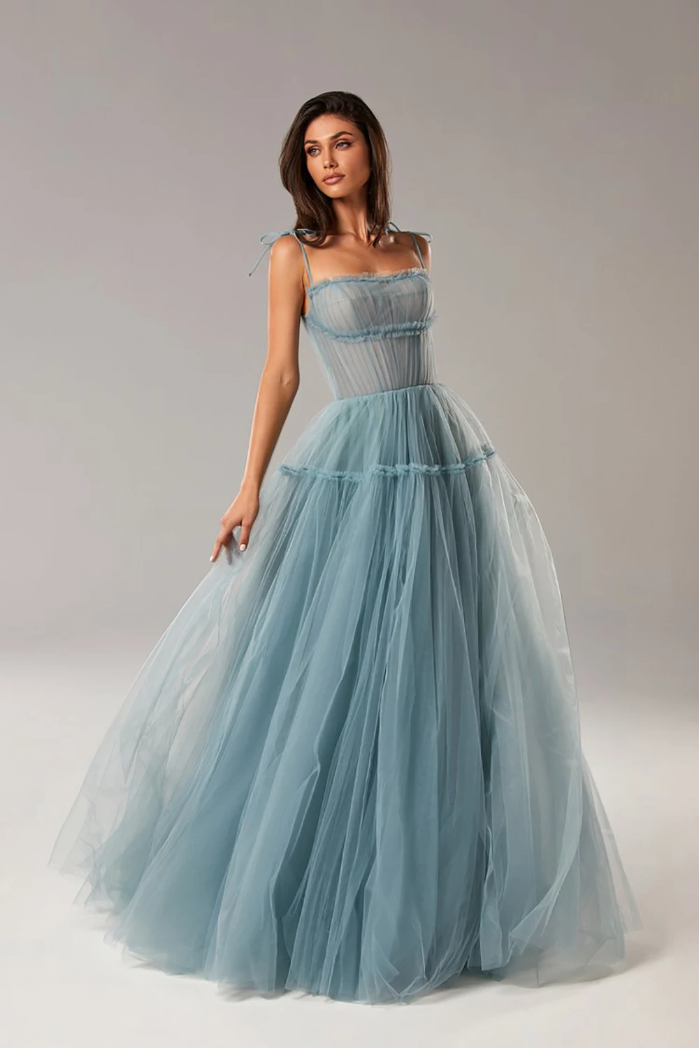 Sevintage Blush Pink/Blue Long Prom Dresses 2021 Spaghetti Straps Tiered Skirt A-Line Party Dresses Pleated Tulle Formal Gowns