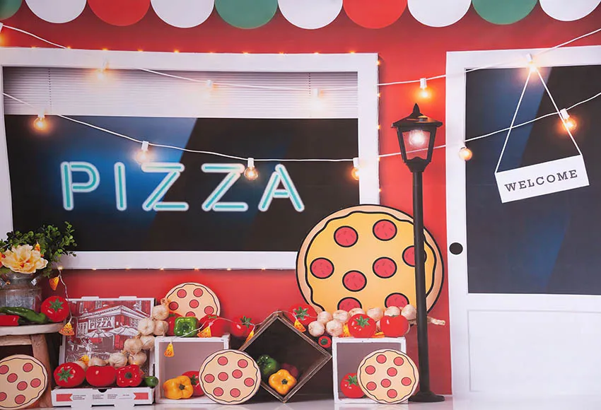 Mehofond Baby Shower Pizza Themed Party Backdrop Street Lamp Tomato Onion Pepper Flower Decoration Background Props Photo Studio