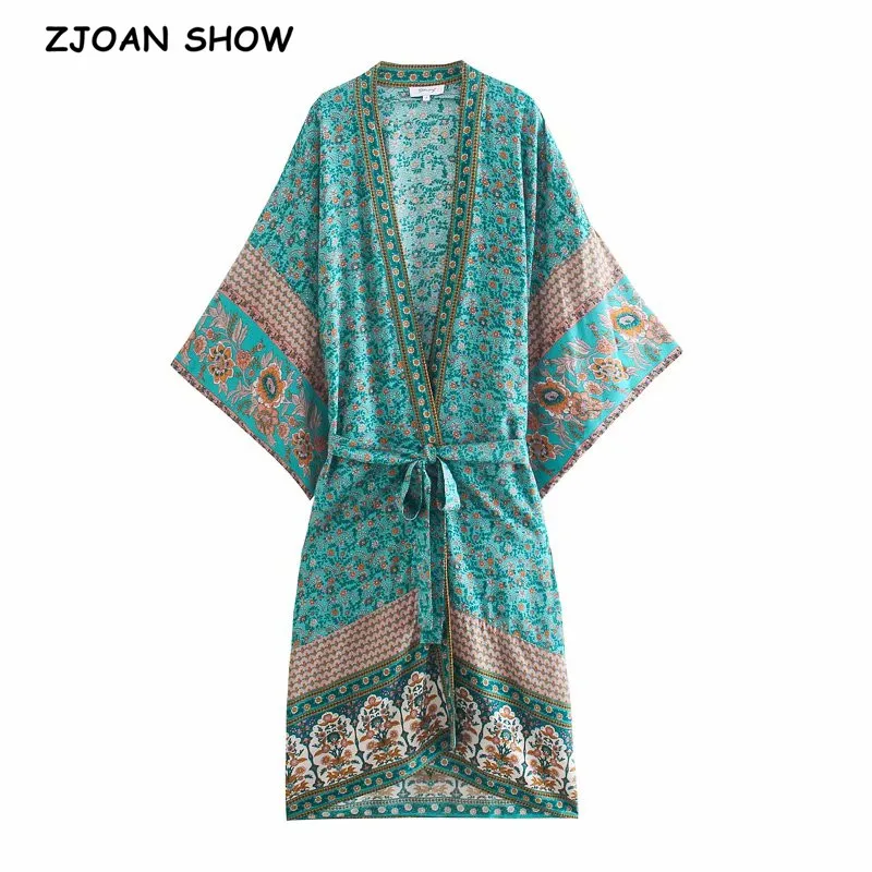 2021 BOHO Locate Floral Print Long Kimono Shirt Hippie Women Bandage Tie Bow Sashes Cardigan Loose Blouse Tops Holiday