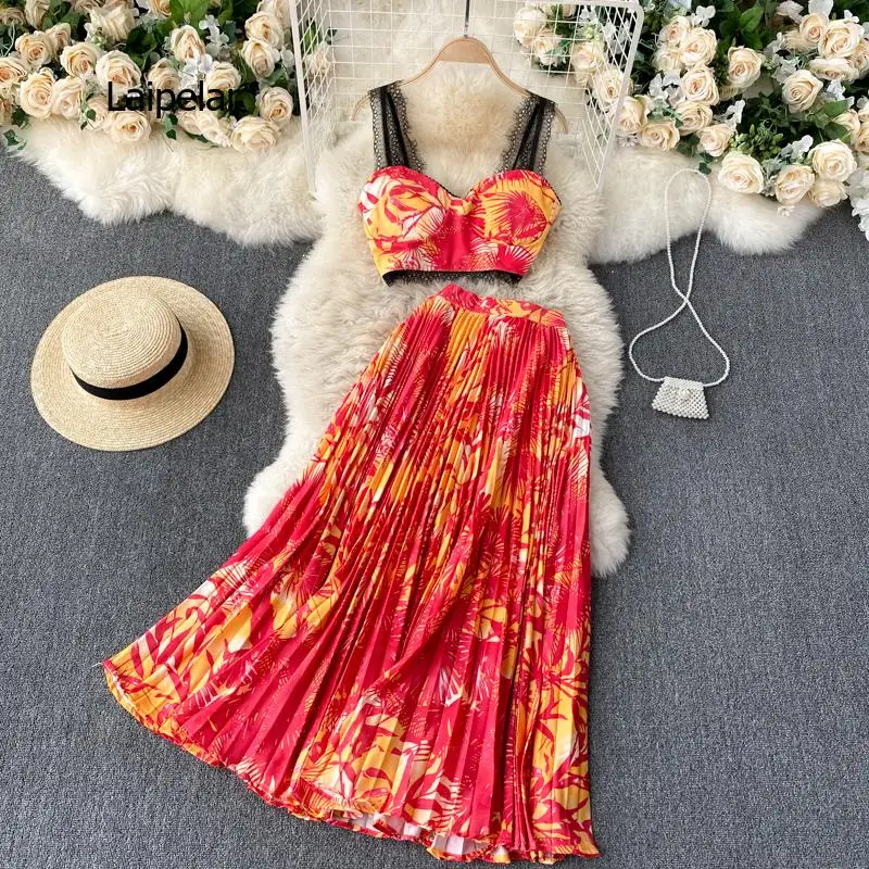 

Vacation Beach Skirt 2-piece Set Womens Summer Short Lace Suspender Sexy Vest Top + High Waist Pleated Skirt Suit Female