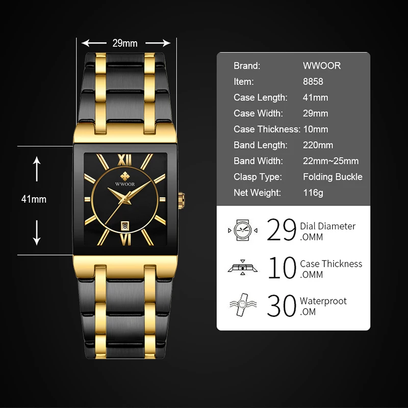 Wwoor senhoras assistir top marca japonesa relógios de quartzo quadrado preto relógio de ouro à prova d\' água de aço inoxidável moda mulheres