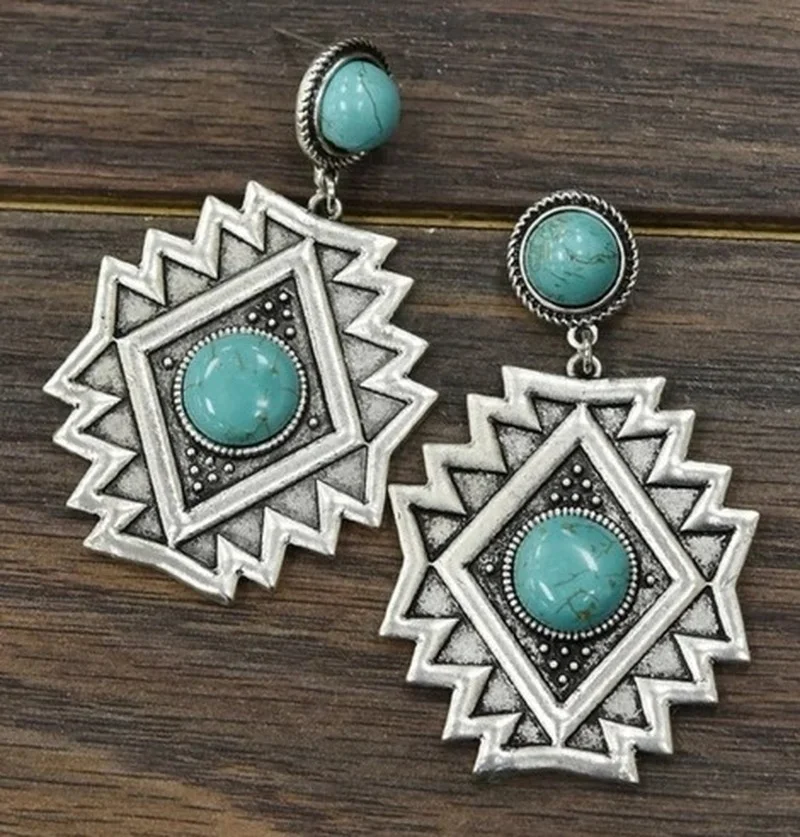 2021 New Retro Ethnic Geometric Rhombus Diamond-shaped Turquoise Earrings for Women Girl