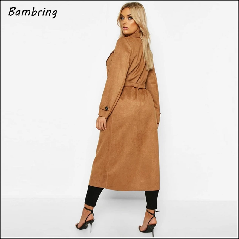 2020 textura de camurça couro trench coat feminino inverno tendência cinto longo jaqueta elegante senhoras macio falso couro casaco novo personalizado