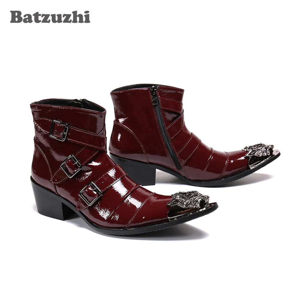 Batzuzhi Fashion Rock Men's Leather Ankle Boots Pointed Toe 6.5cm Heels Motorcycle Boots Men Black/Wine Red PartyBotas Hombre