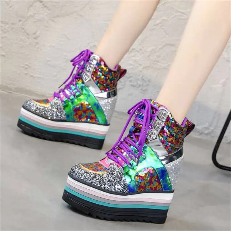 High Top Trainers Women Lace Up Genuine Leather Wedges High Heel Ankle Boots Female Shiny Glitter Round Toe Fashion Sneakers