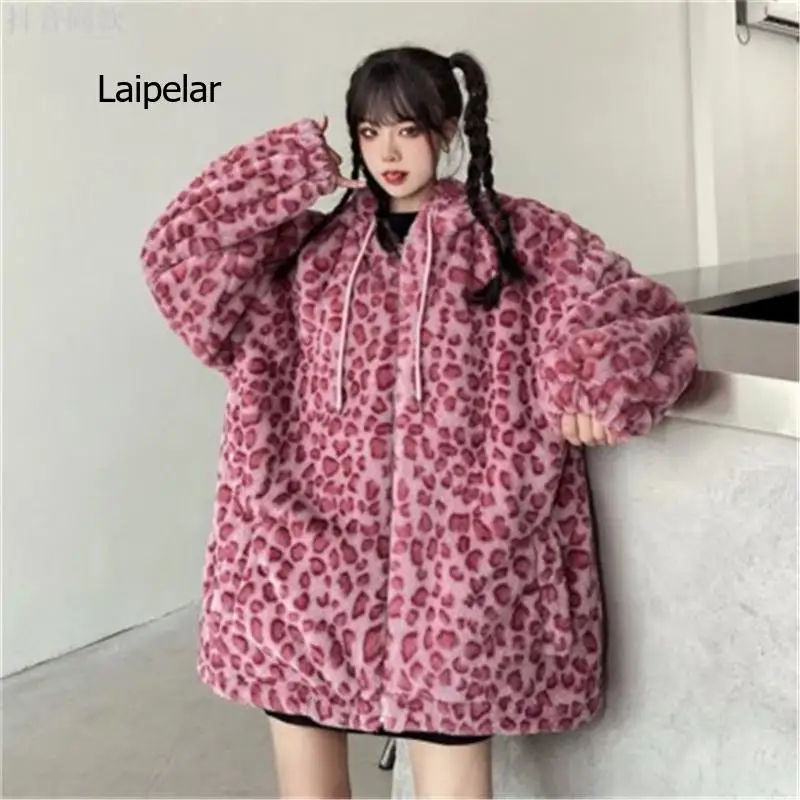 Autumn Winter Women\'s Fur Coats Leopard Think Warm Female Overcoats Loose Woman Hoodies Lady Outerwear Jackets