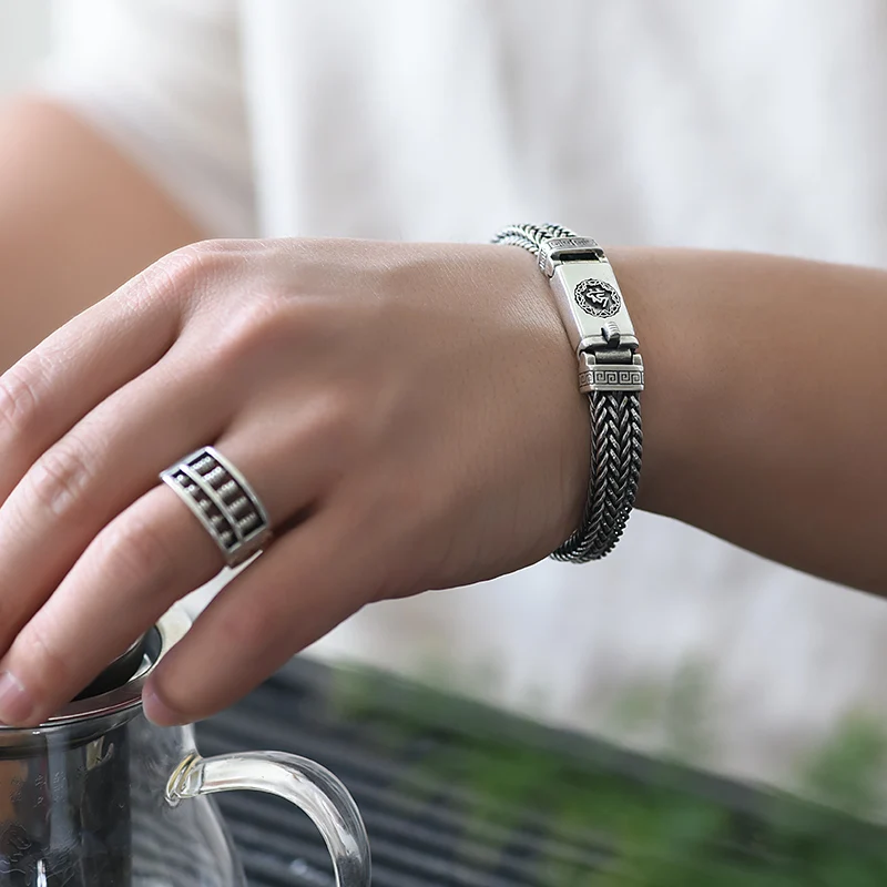 HX Hand-Woven Silver Men\'s Bracelet Fashion Trend Personality Chinese Style Retro Creative Thai Silver Jewelry Accessories