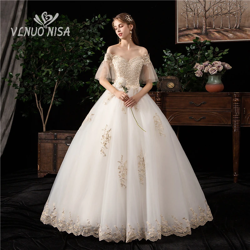 

Vestido De Noiva VLNUO NISA Champagne Lace Wedding Dress Elegant Sweetheart Flare Sleeve Applique Bridal Gown Robe De Mariee 30