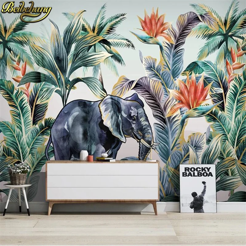 Custom Nordic tree animal elephant wall papers home decor landscape background photo wallpaper living room decoration Stickers