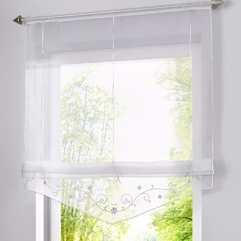 Embroidered Roman Curtain Floral Printing Sheer Window Curtains For Kitchen Living Room Voile Screening Panel With Ribbon Belts
