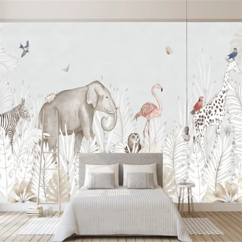 

Custom Mural Wallpaper Minimalism Hand-Painted Small Fresh Elephant Giraffe Background Wall Painting