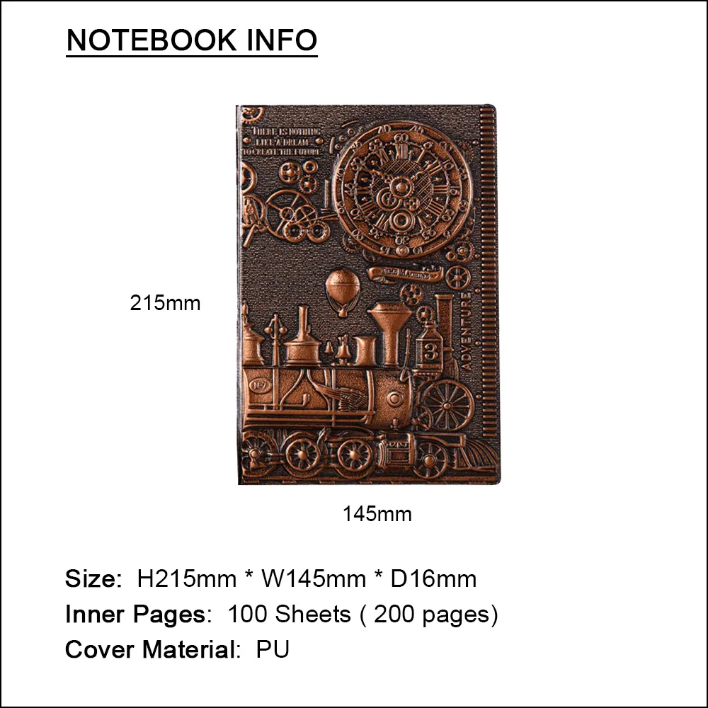 A5 Retro Notebook 3D Steampunk Engraving Effect Journal PU Travel Note Book Train Printing Decoration Diary Exquisite Book Gift